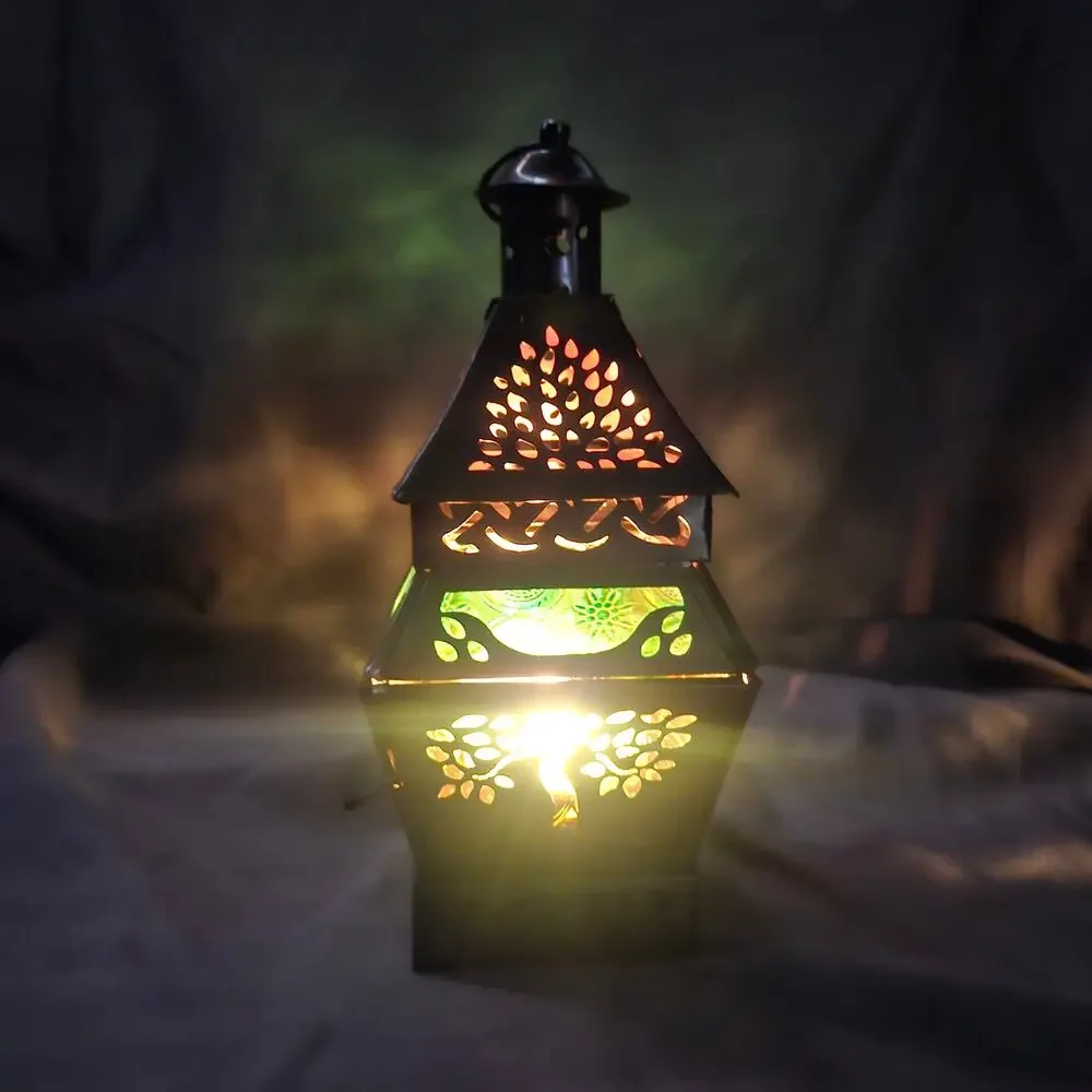 Vintage Pier 1 Imports Tree of Life Green Glass Moroccan Lantern